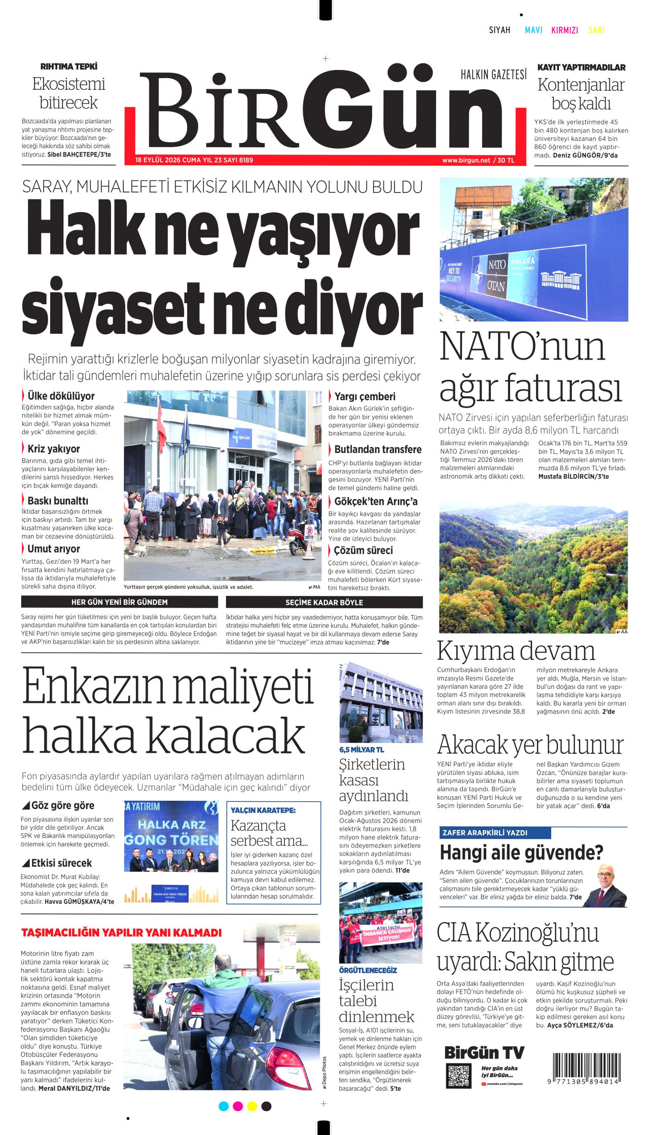 BİRGÜN gazetesinin 18 Eylül 2026 tarihli birinci sayfası