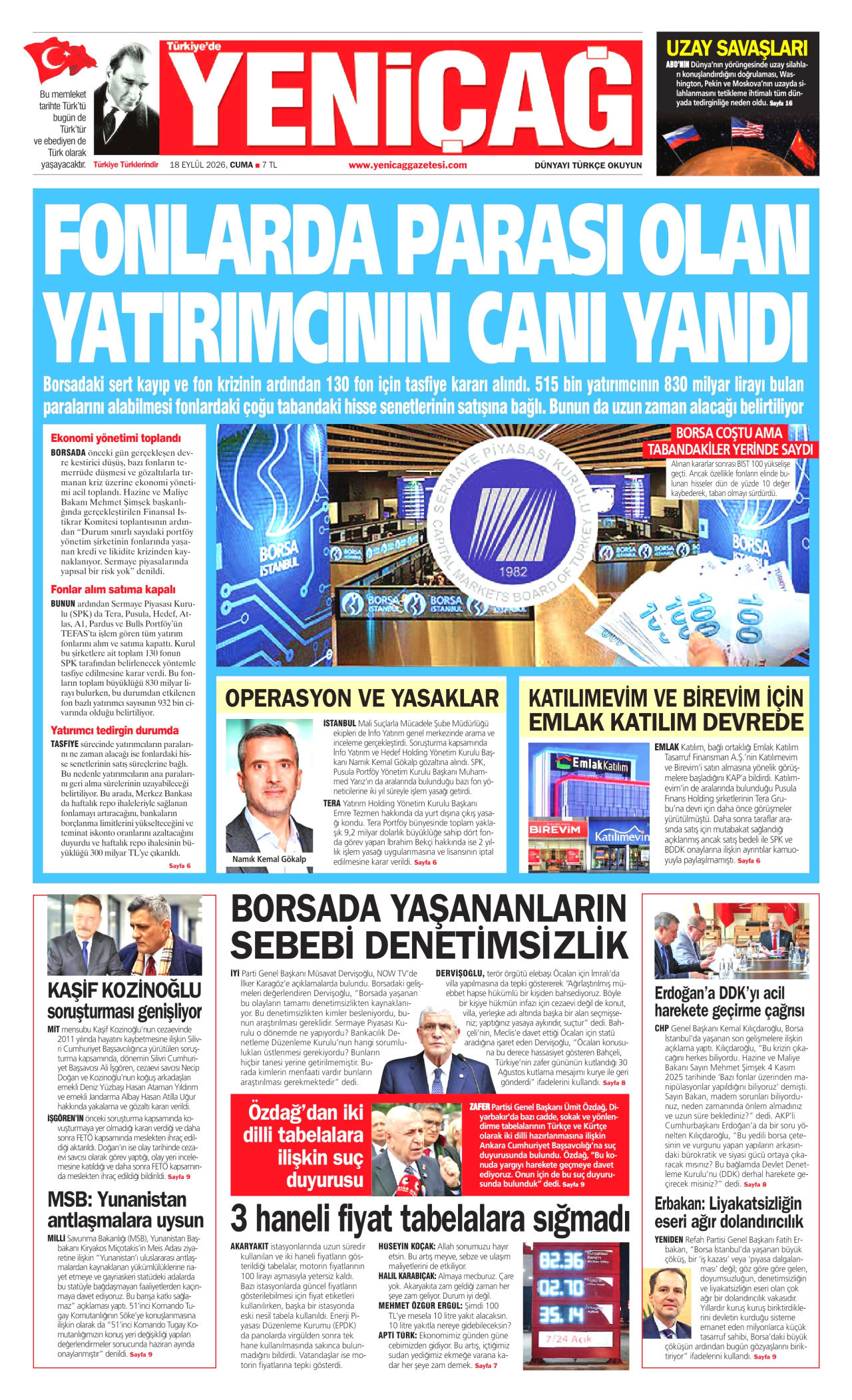 YENİÇAĞ gazetesinin 18 Eylül 2026 tarihli birinci sayfası