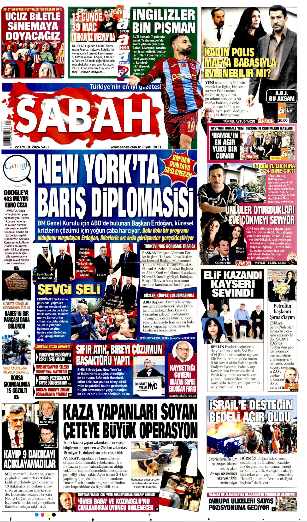 SABAH gazetesinin 22 Eylül 2026 tarihli birinci sayfası