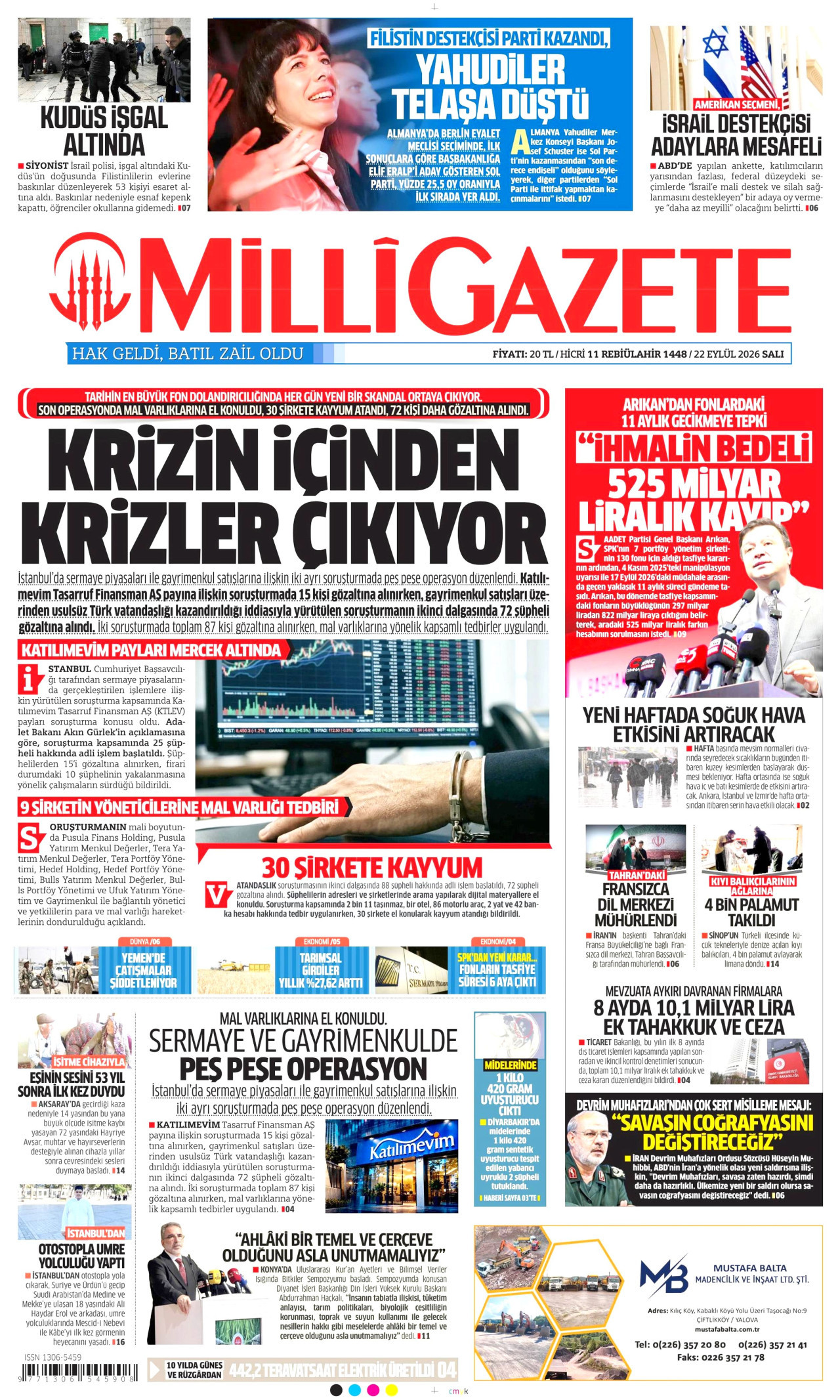 MİLLİ GAZETE gazetesinin 22 Eylül 2026 tarihli birinci sayfası