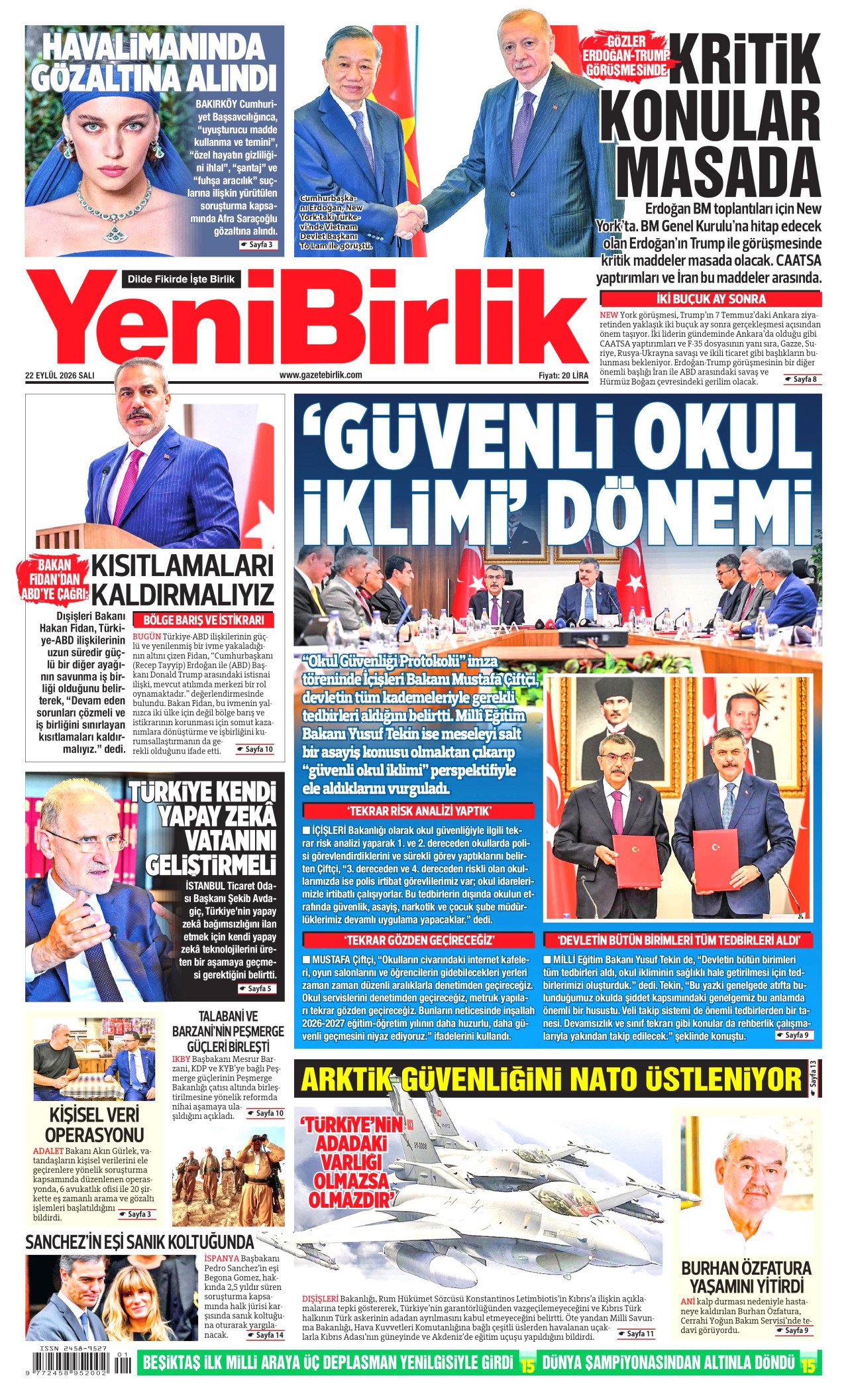 YENİBİRLİK gazetesinin 22 Eylül 2026 tarihli birinci sayfası