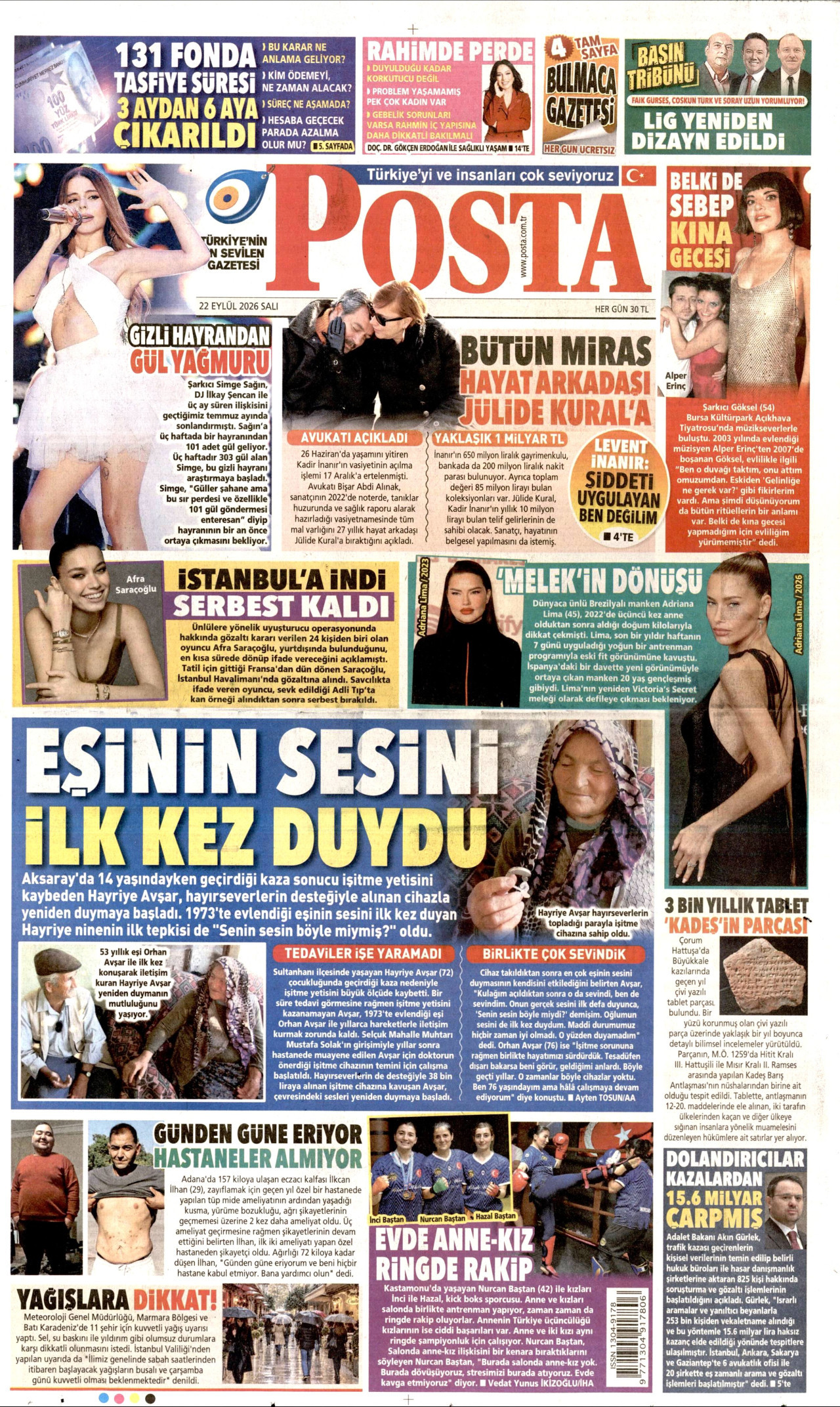 POSTA gazetesinin 22 Eylül 2026 tarihli birinci sayfası