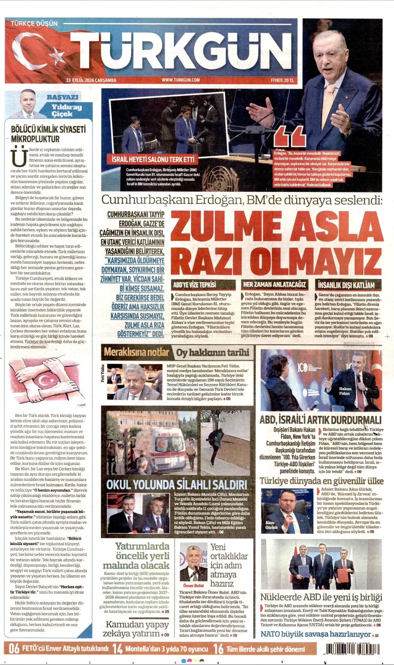 TÜRKGÜN gazetesinin 23 Eylül 2026 tarihli birinci sayfası