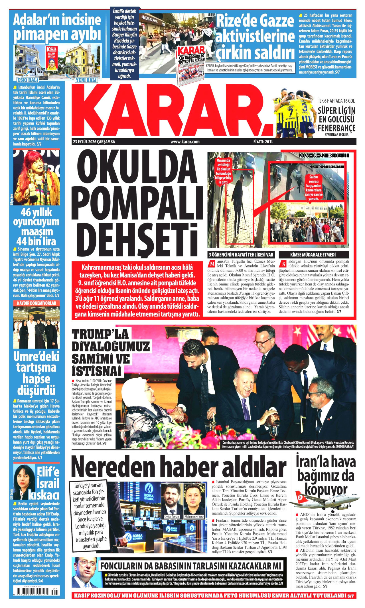 KARAR gazetesinin 23 Eylül 2026 tarihli birinci sayfası