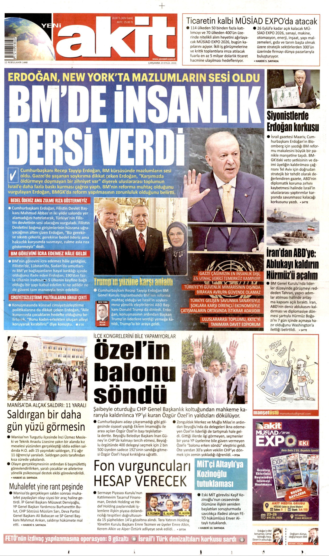 YENİ AKİT gazetesinin 23 Eylül 2026 tarihli birinci sayfası