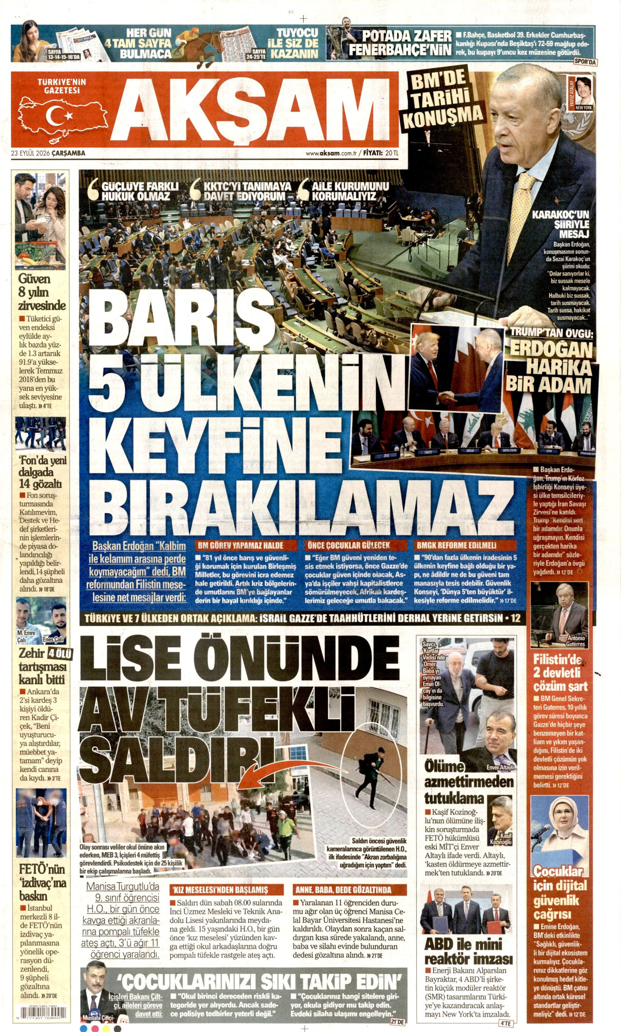 AKŞAM gazetesinin 23 Eylül 2026 tarihli birinci sayfası