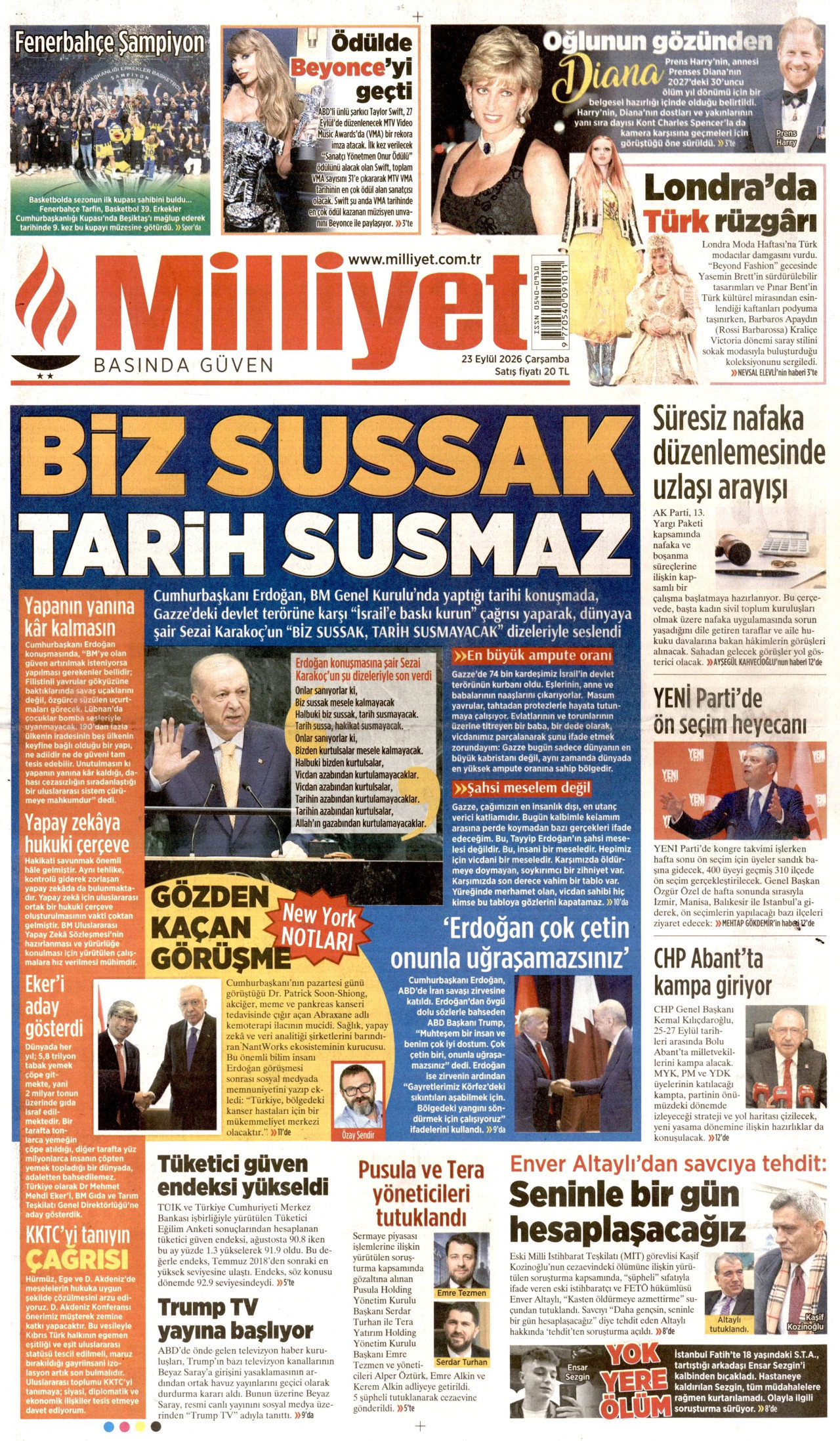 MİLLİYET gazetesinin 23 Eylül 2026 tarihli birinci sayfası