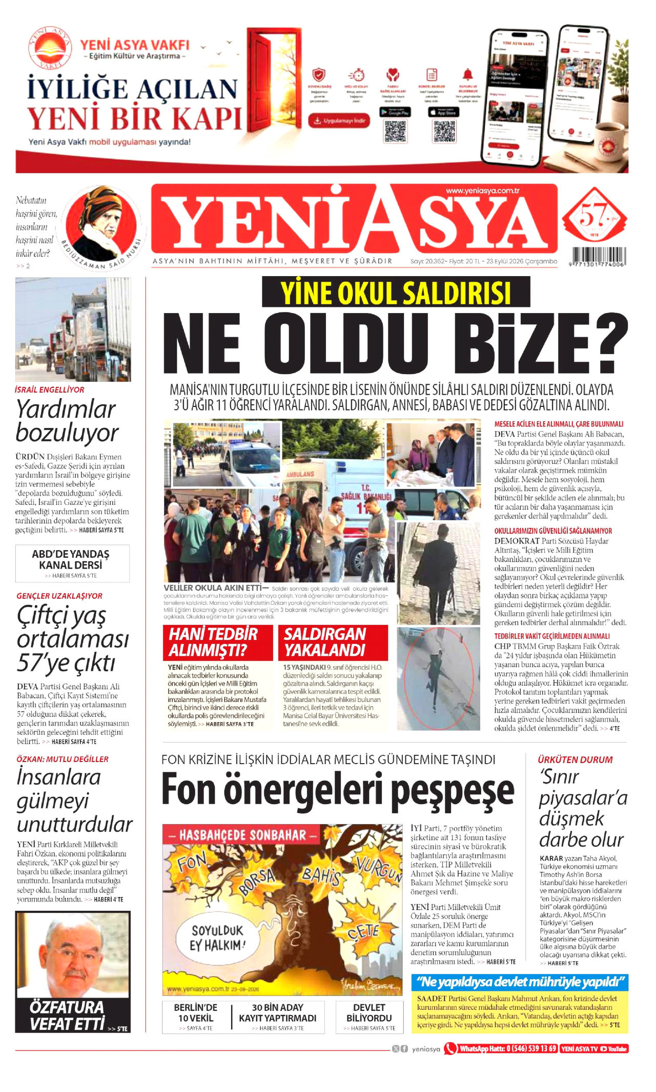 YENİ ASYA gazetesinin 23 Eylül 2026 tarihli birinci sayfası