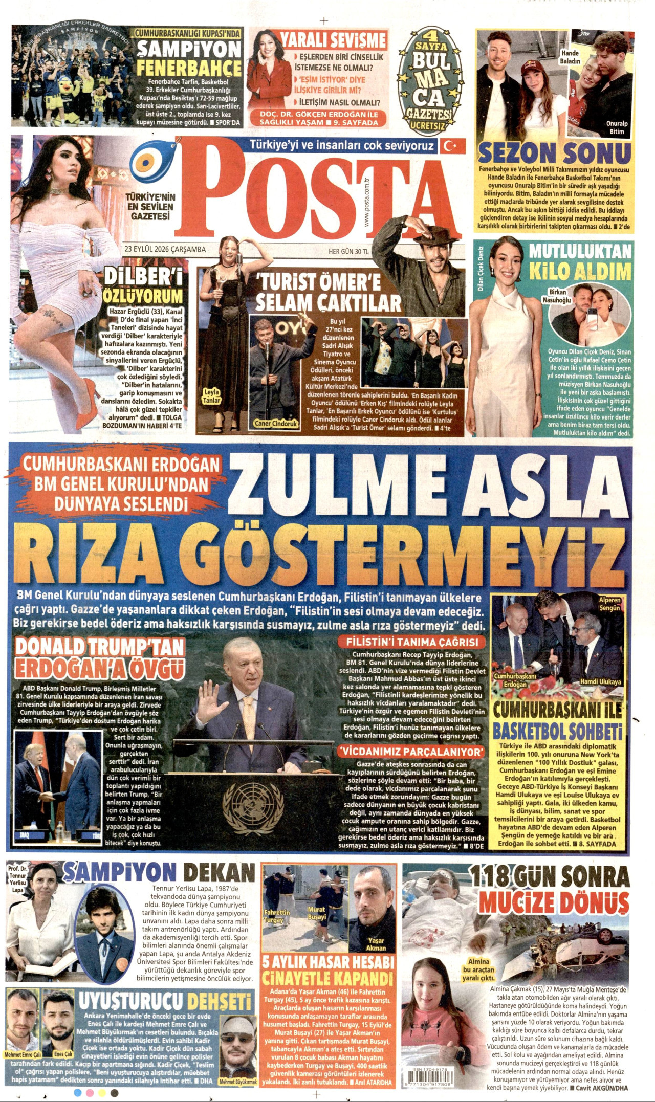 POSTA gazetesinin 23 Eylül 2026 tarihli birinci sayfası