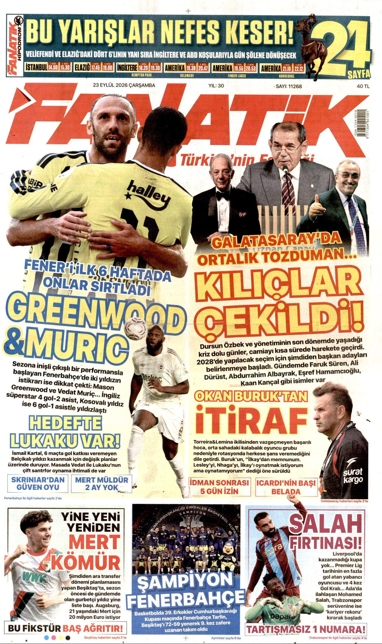 FANATİK gazetesinin 23 Eylül 2026 tarihli birinci sayfası