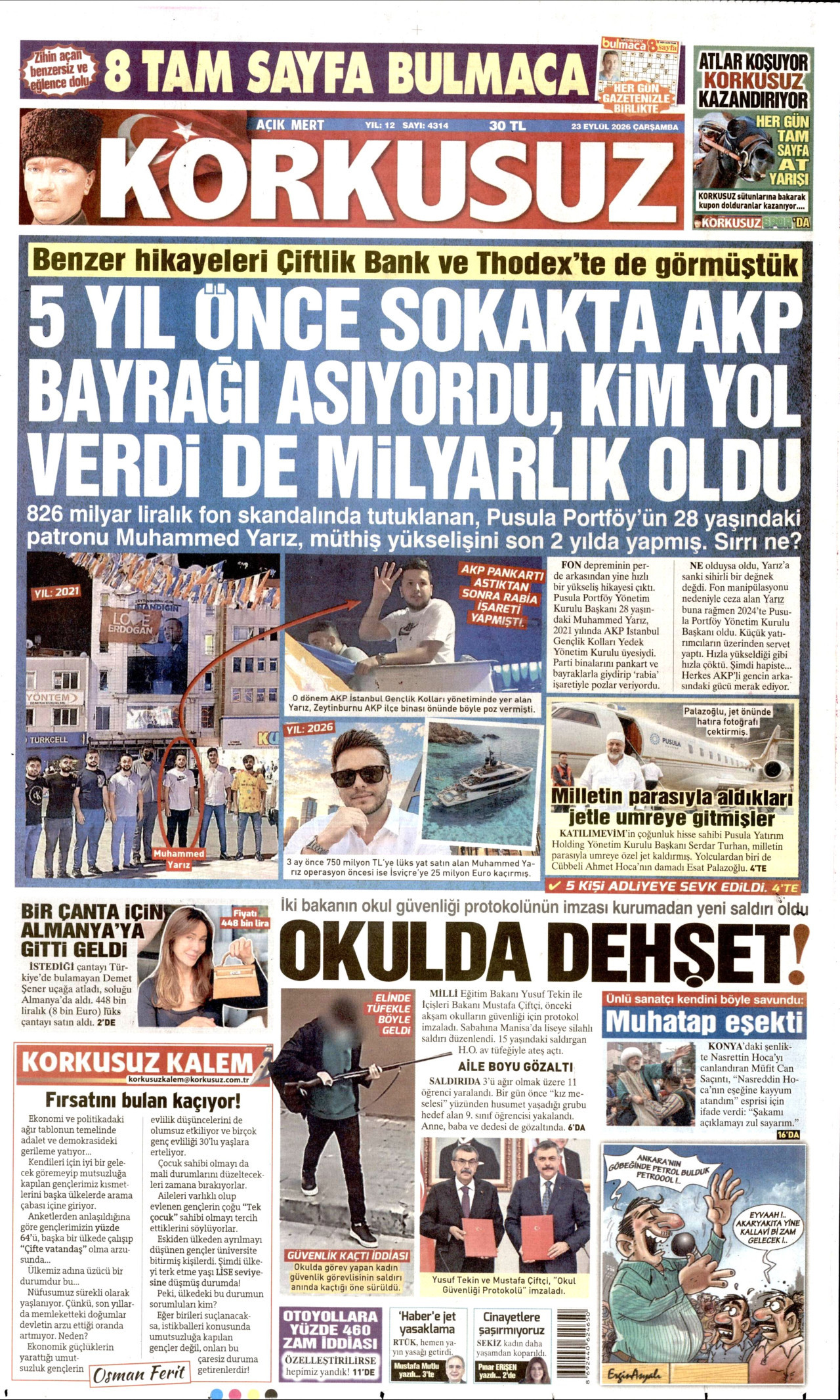 KORKUSUZ gazetesinin 23 Eylül 2026 tarihli birinci sayfası