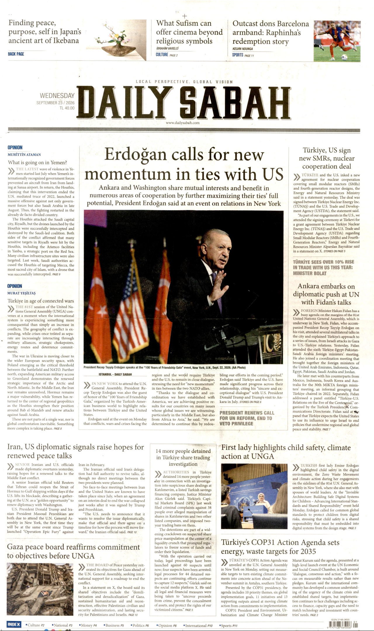 DAİLY SABAH gazetesinin 23 Eylül 2026 tarihli birinci sayfası