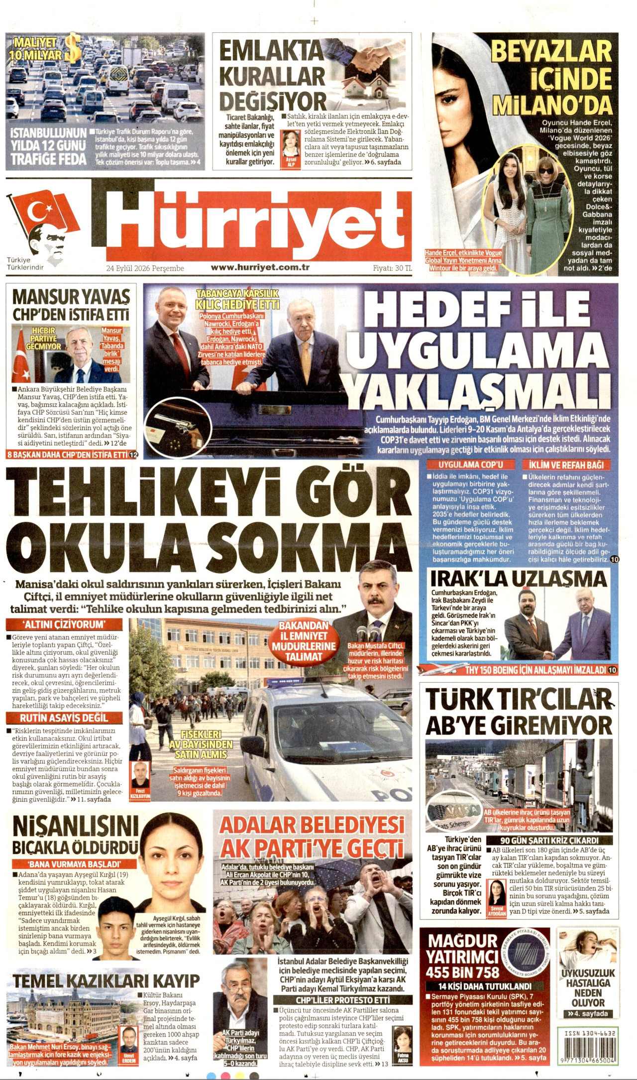 HÜRRİYET gazetesinin 24 Eylül 2026 tarihli birinci sayfası