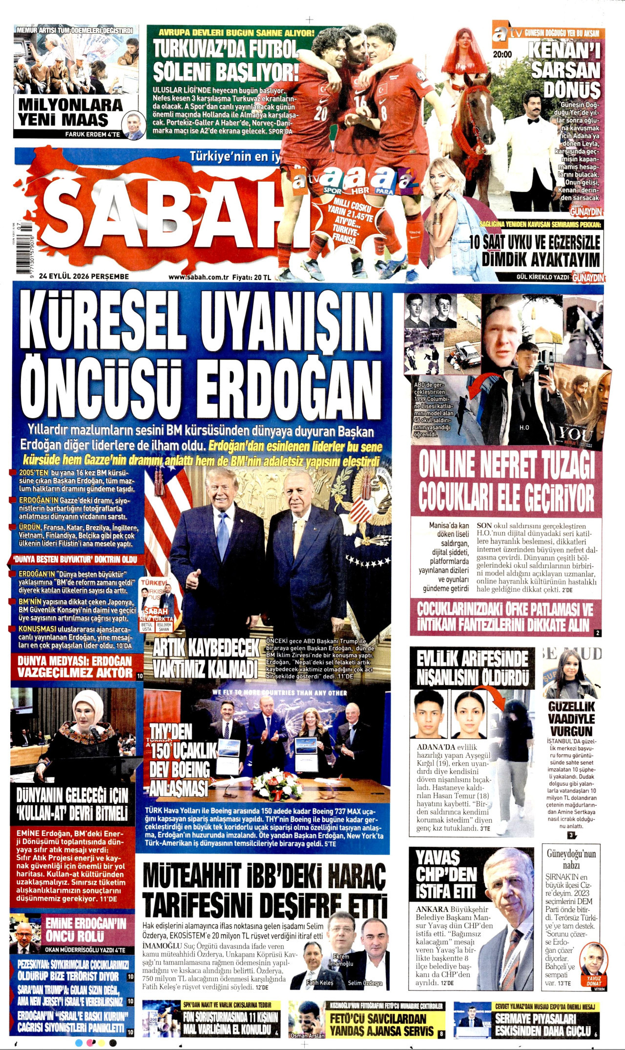 SABAH gazetesinin 24 Eylül 2026 tarihli birinci sayfası