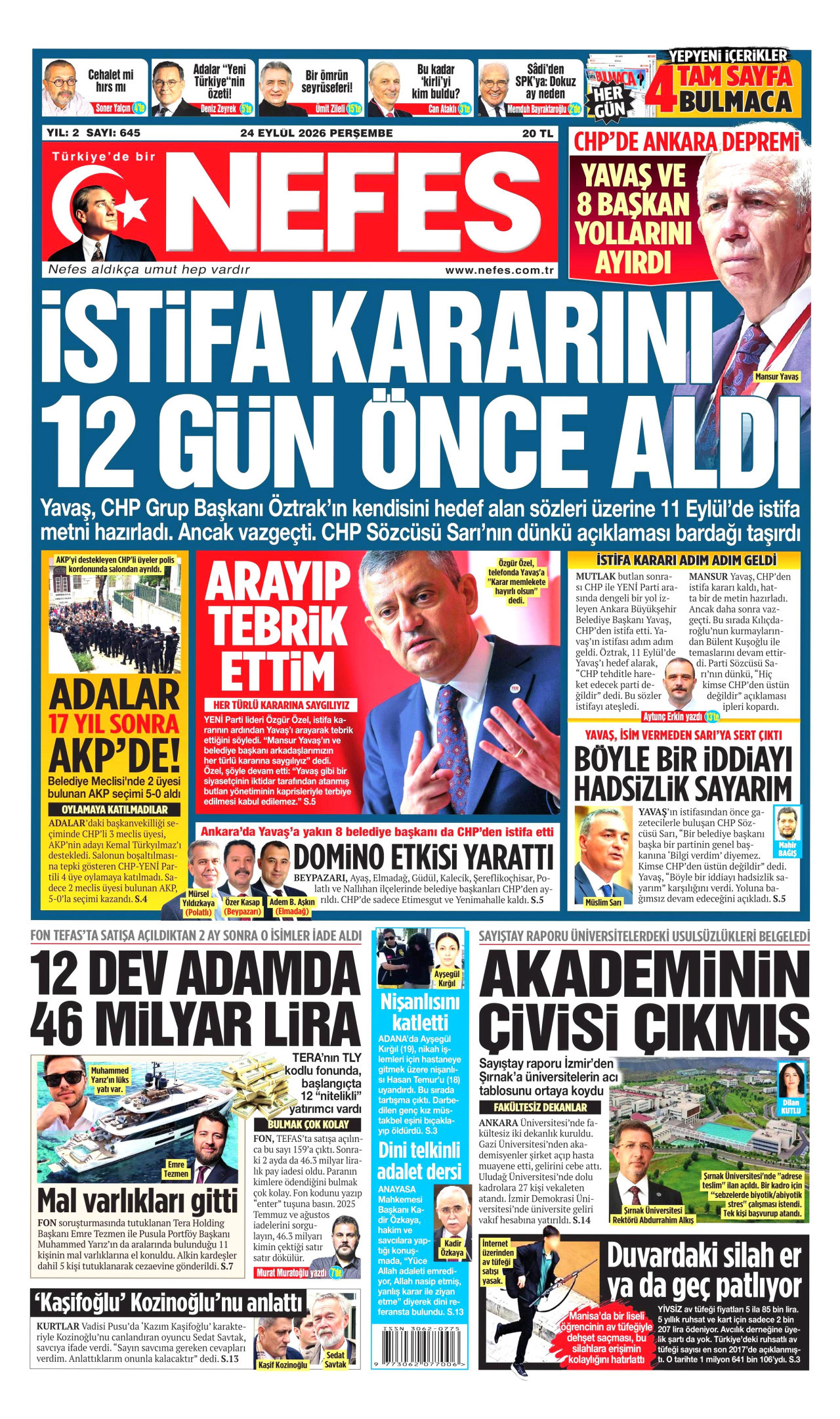 NEFES gazetesinin 24 Eylül 2026 tarihli birinci sayfası