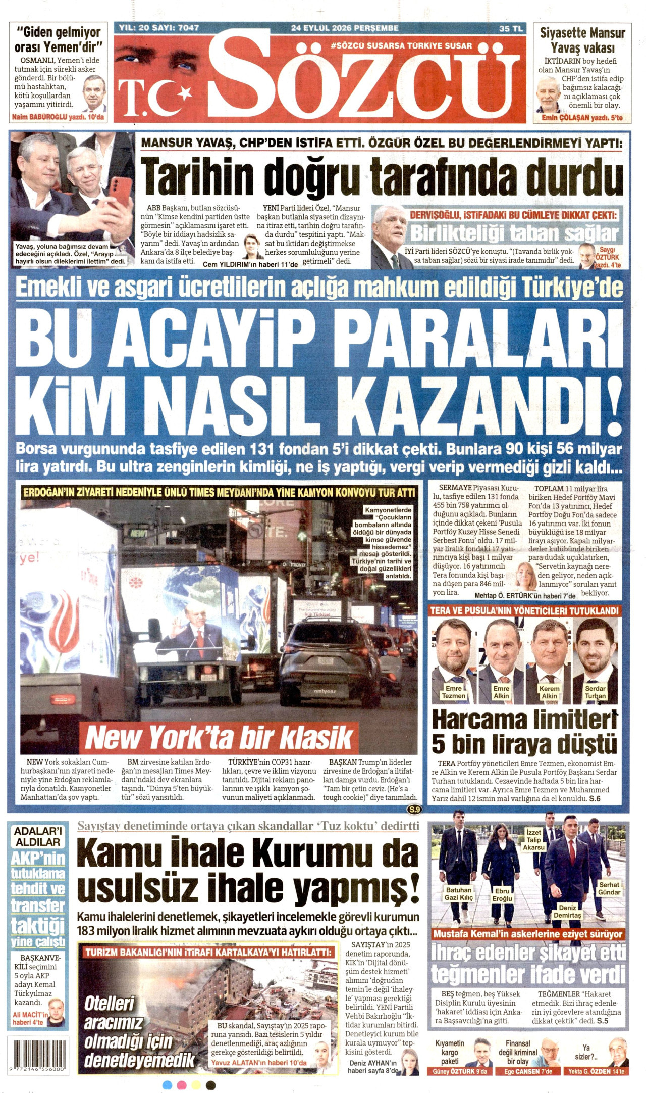 SÖZCÜ gazetesinin 24 Eylül 2026 tarihli birinci sayfası
