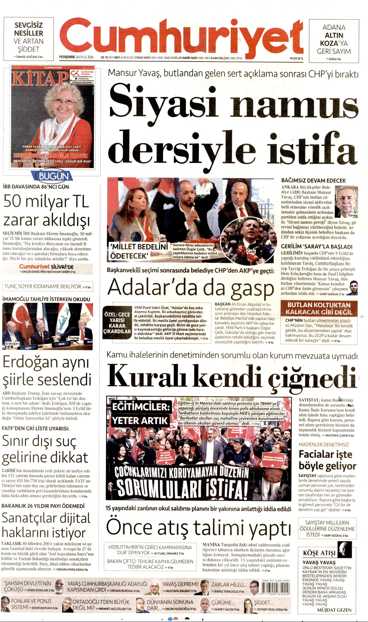 CUMHURİYET gazetesinin 24 Eylül 2026 tarihli birinci sayfası