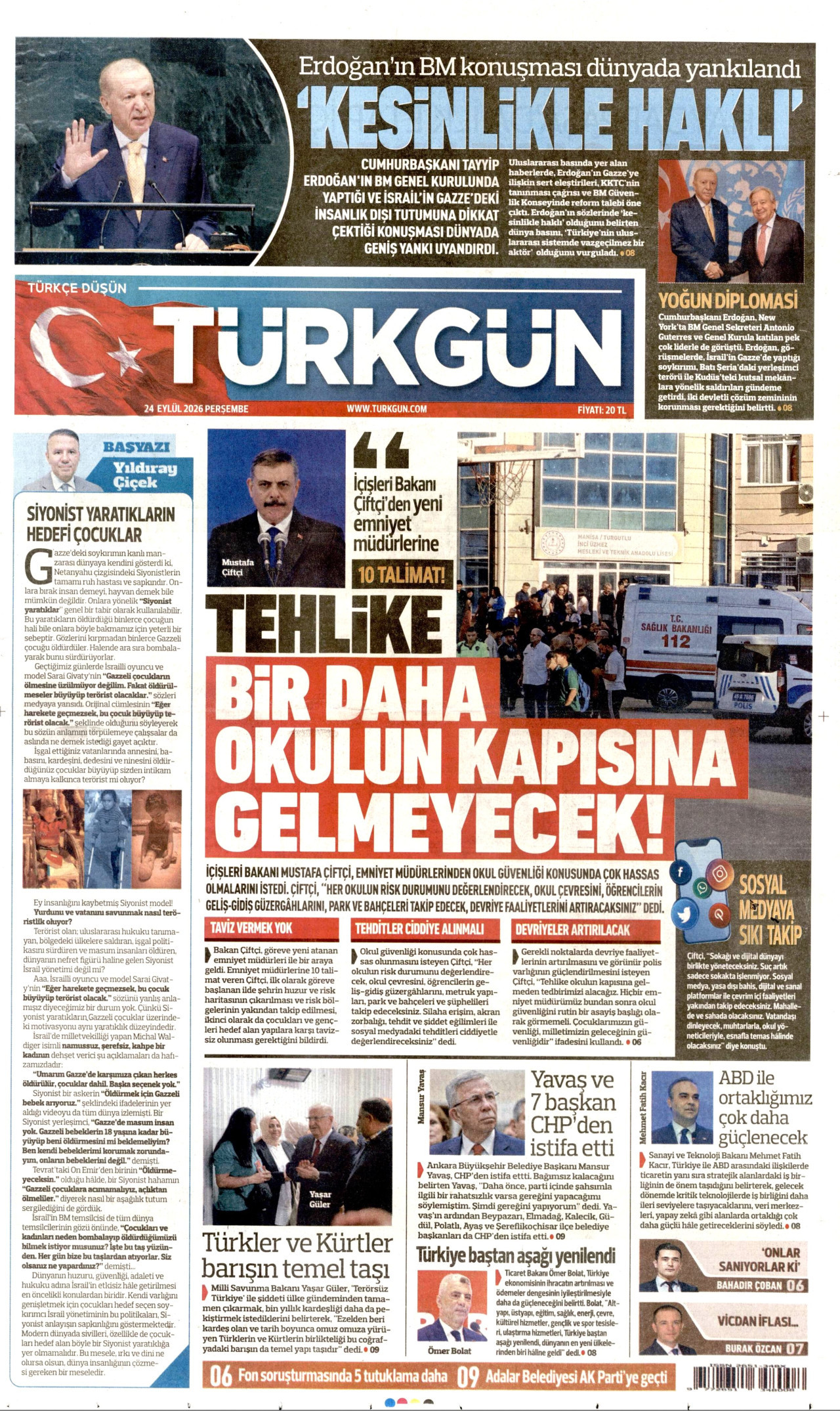 TÜRKGÜN gazetesinin 24 Eylül 2026 tarihli birinci sayfası