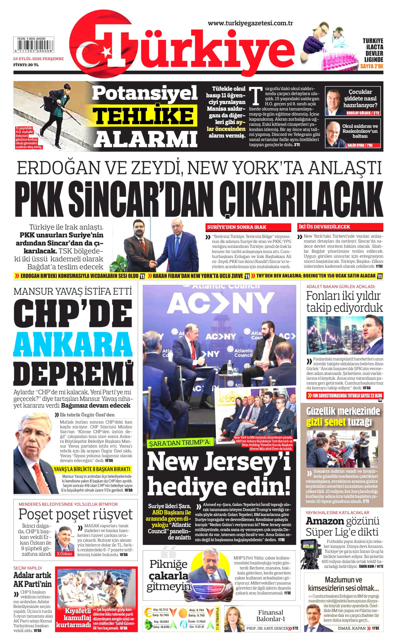 TÜRKİYE GAZETESİ gazetesinin 24 Eylül 2026 tarihli birinci sayfası