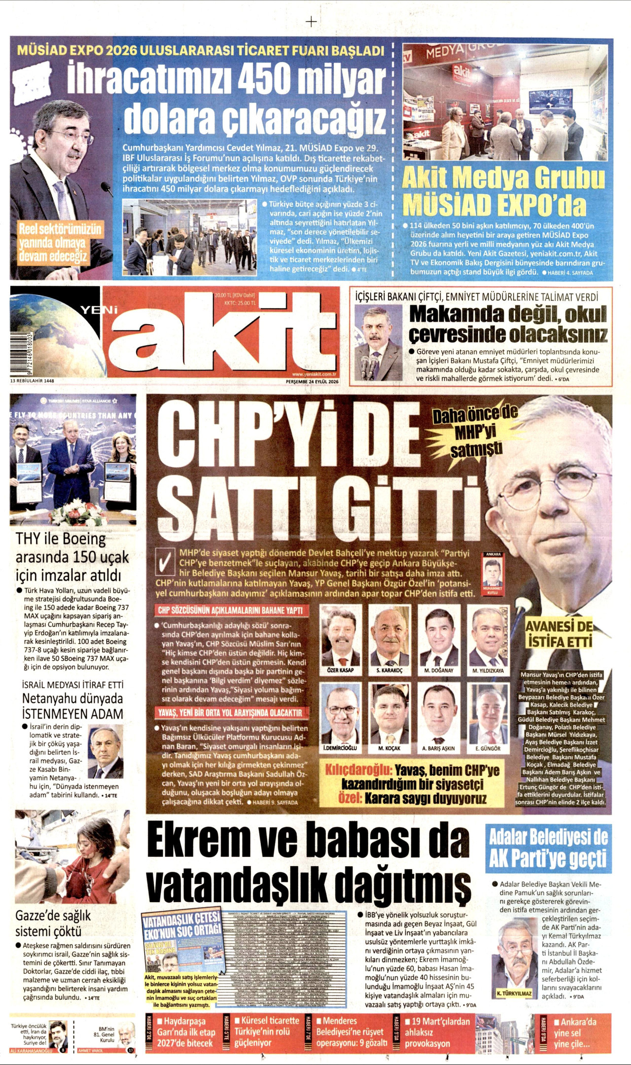 YENİ AKİT gazetesinin 24 Eylül 2026 tarihli birinci sayfası