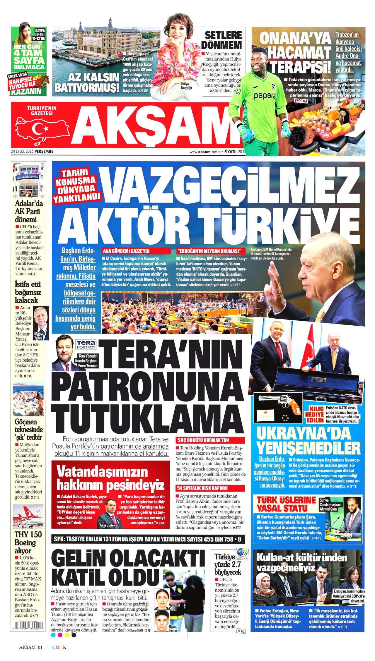 AKŞAM gazetesinin 24 Eylül 2026 tarihli birinci sayfası