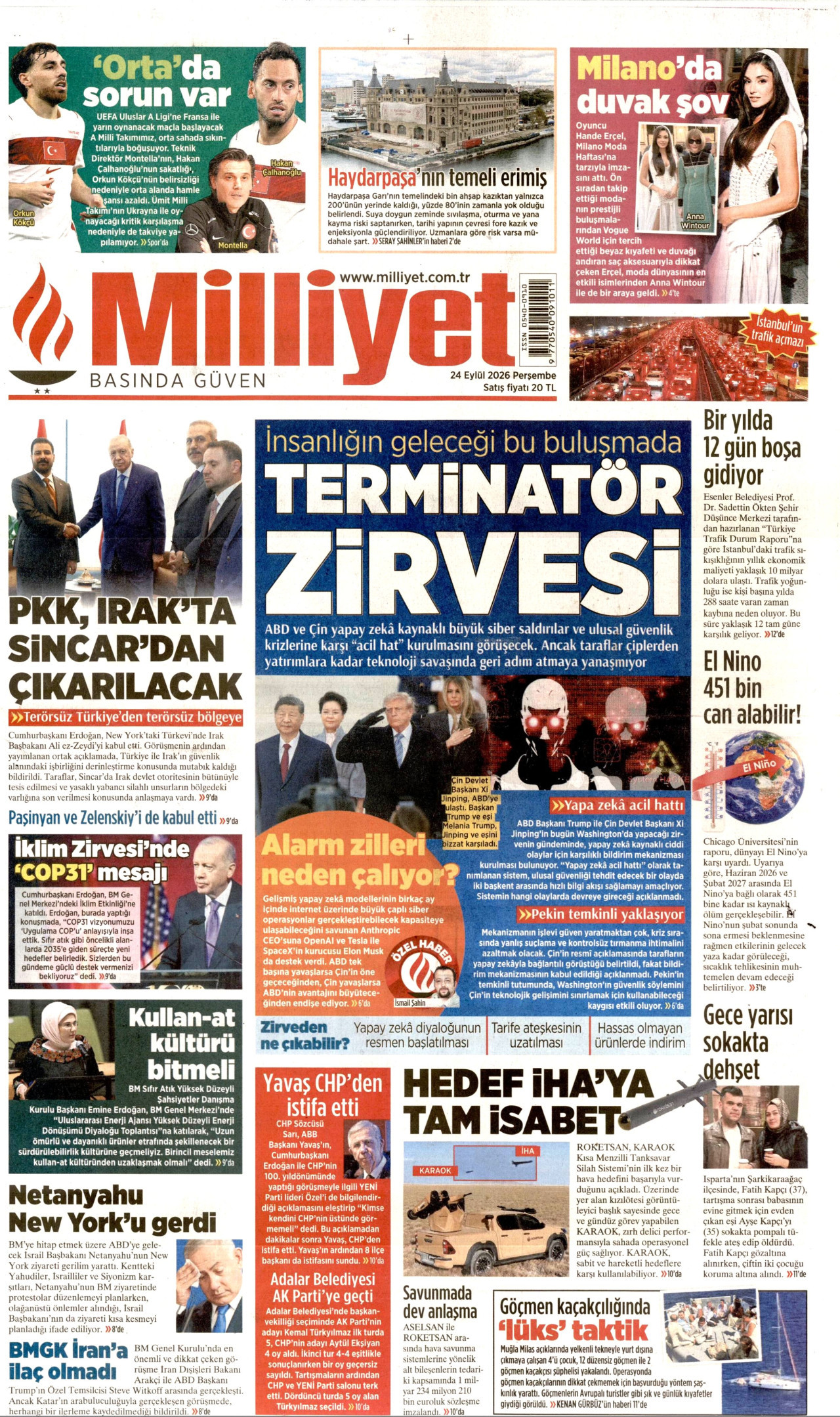 MİLLİYET gazetesinin 24 Eylül 2026 tarihli birinci sayfası