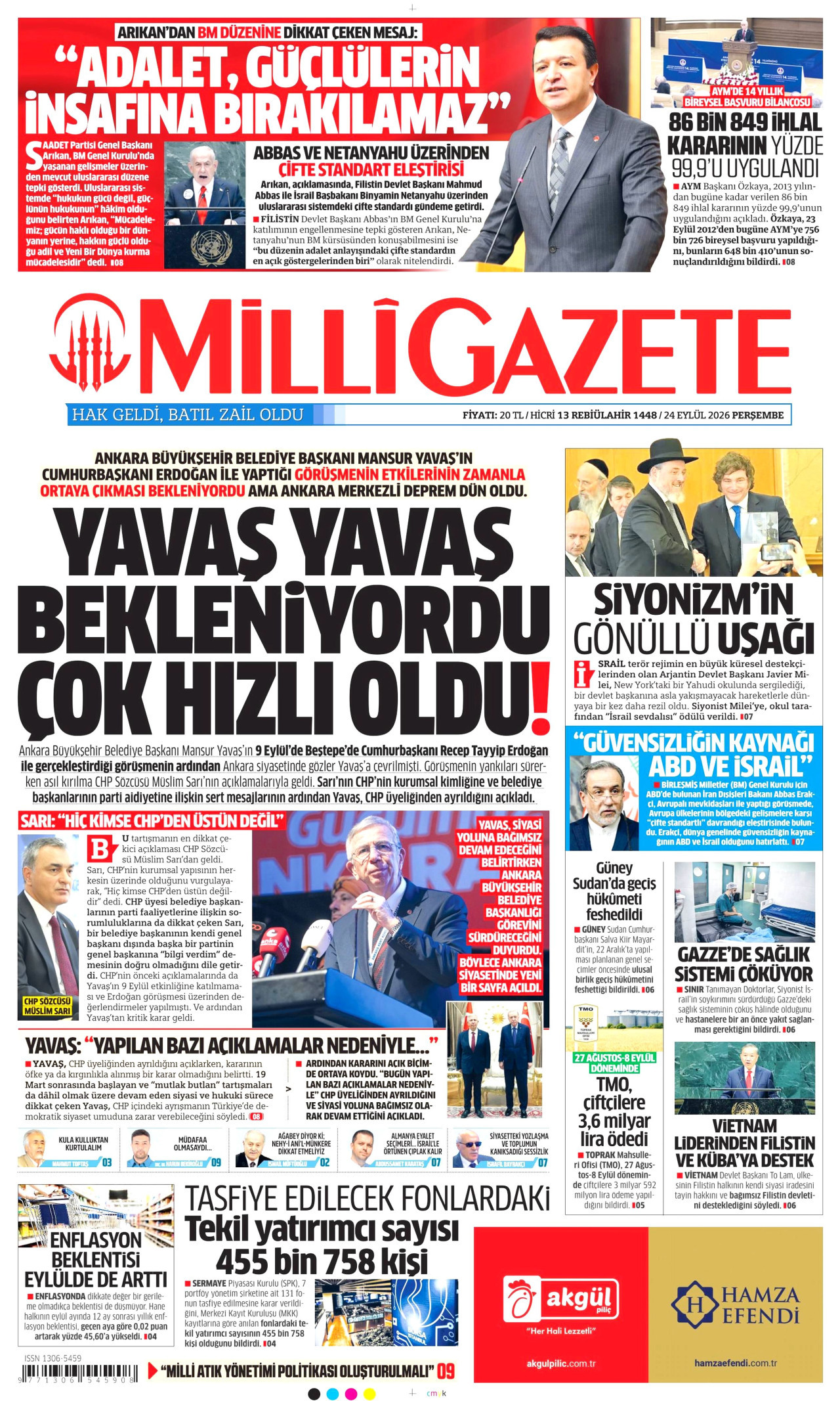MİLLİ GAZETE gazetesinin 24 Eylül 2026 tarihli birinci sayfası