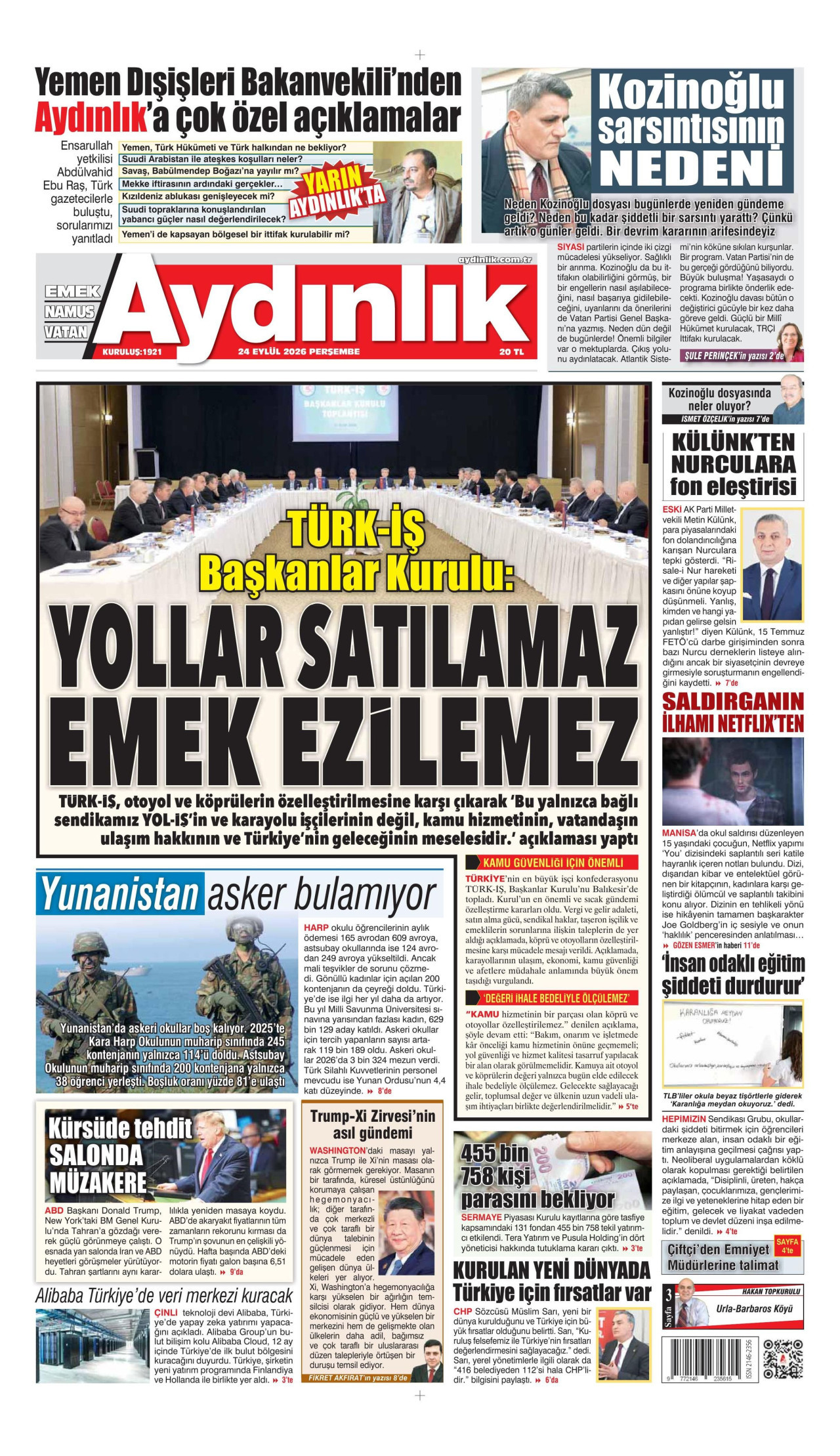 AYDINLIK GAZETESİ gazetesinin 24 Eylül 2026 tarihli birinci sayfası