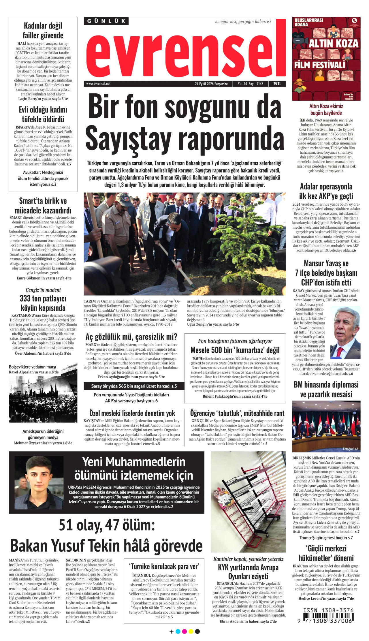 EVRENSEL gazetesinin 24 Eylül 2026 tarihli birinci sayfası