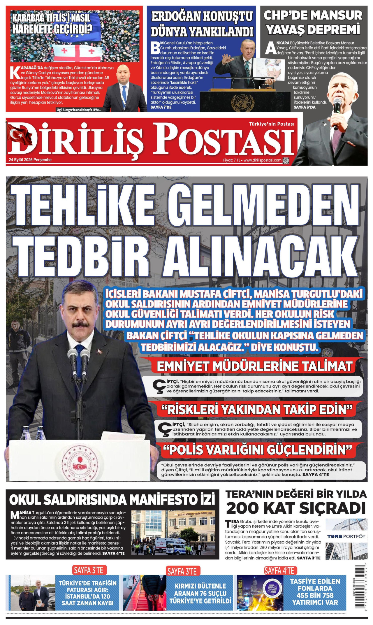 DİRİLİŞ POSTASI gazetesinin 24 Eylül 2026 tarihli birinci sayfası