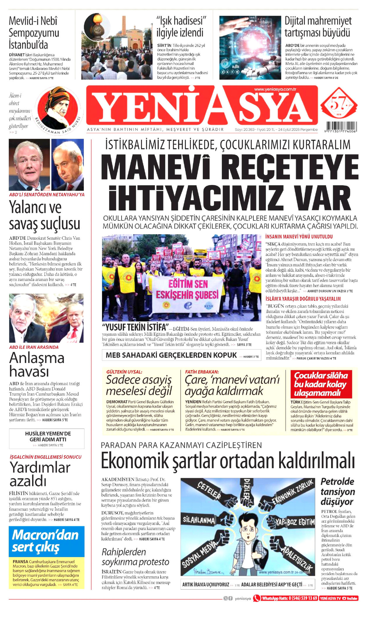 YENİ ASYA gazetesinin 24 Eylül 2026 tarihli birinci sayfası