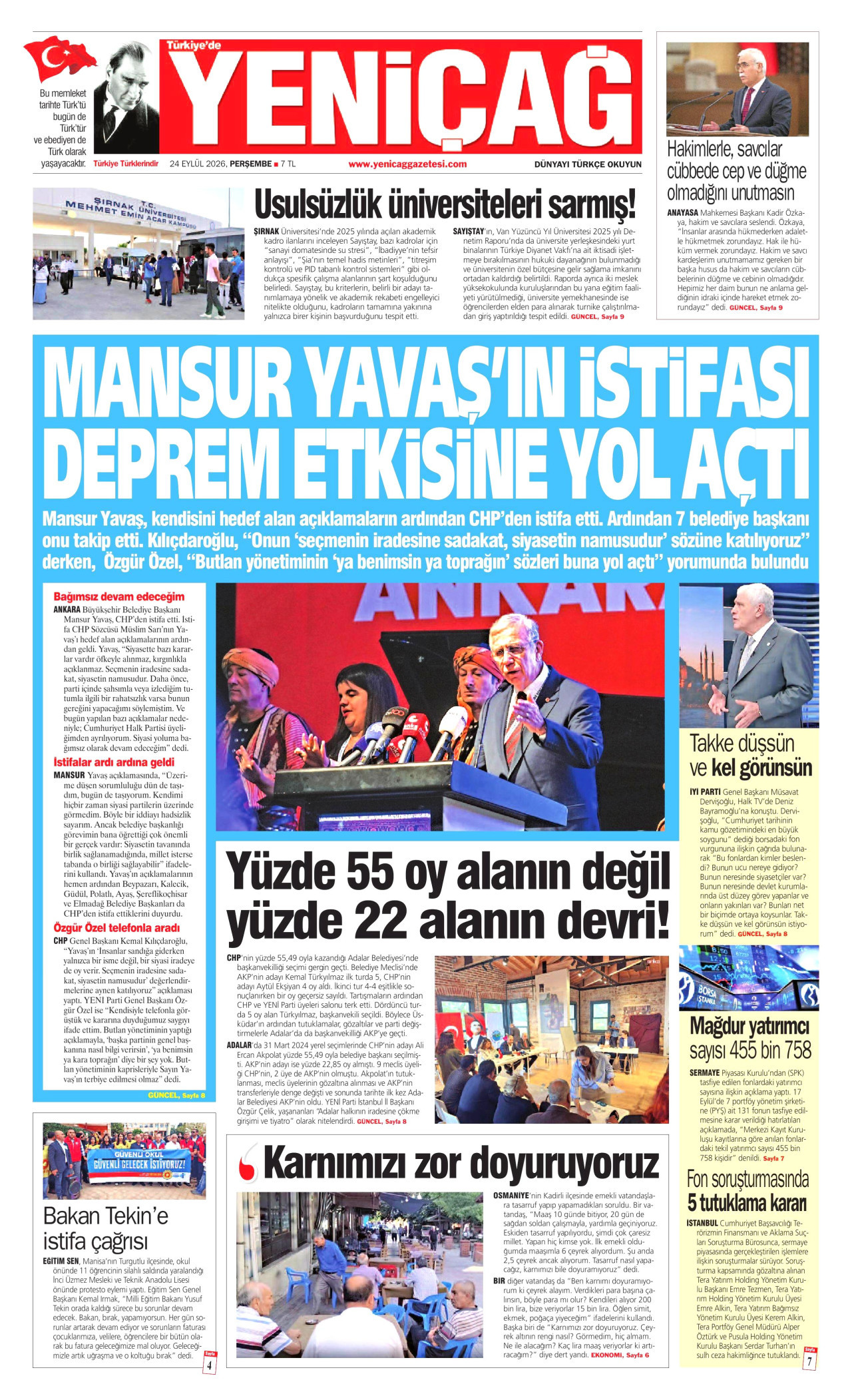 YENİÇAĞ gazetesinin 24 Eylül 2026 tarihli birinci sayfası
