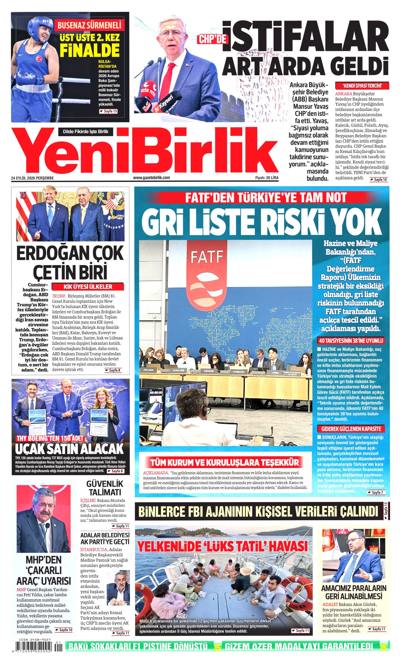 YENİBİRLİK gazetesinin 24 Eylül 2026 tarihli birinci sayfası