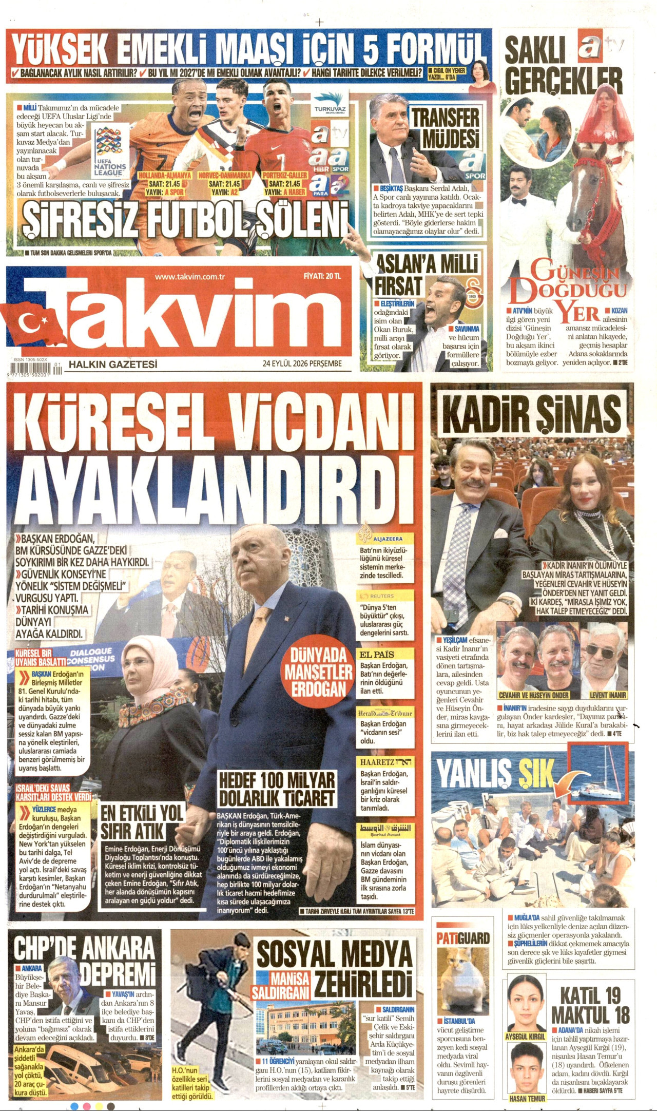 TAKVİM gazetesinin 24 Eylül 2026 tarihli birinci sayfası