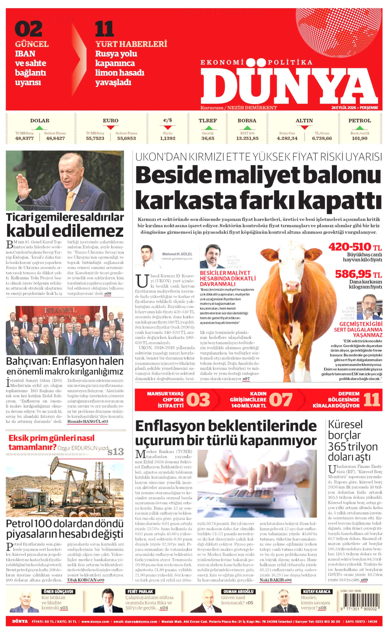 DÜNYA gazetesinin 24 Eylül 2026 tarihli birinci sayfası