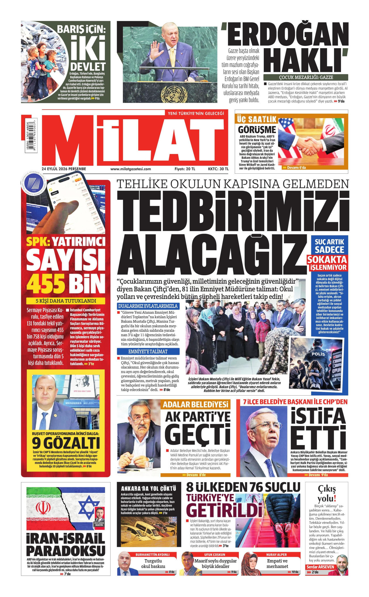 MİLAT gazetesinin 24 Eylül 2026 tarihli birinci sayfası