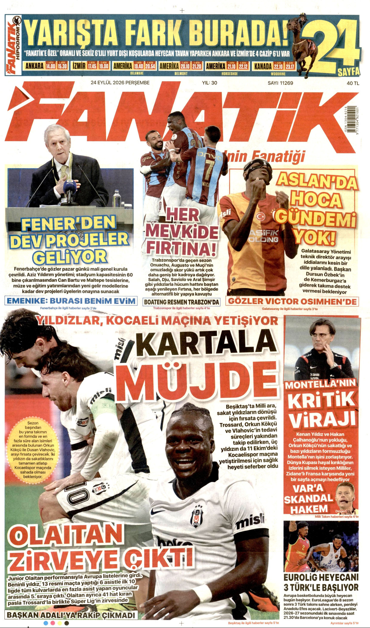 FANATİK gazetesinin 24 Eylül 2026 tarihli birinci sayfası