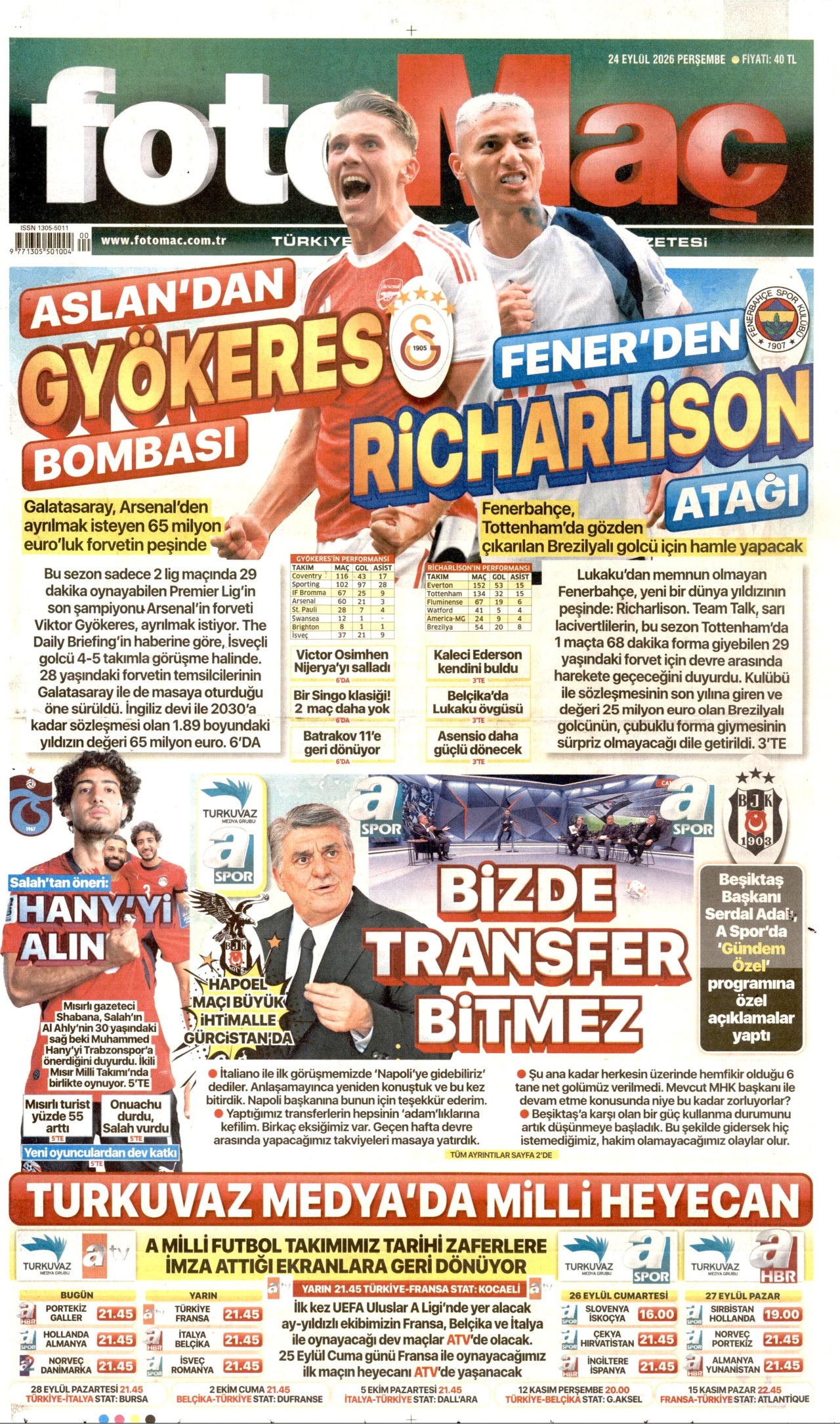 FOTOMAÇ gazetesinin 24 Eylül 2026 tarihli birinci sayfası
