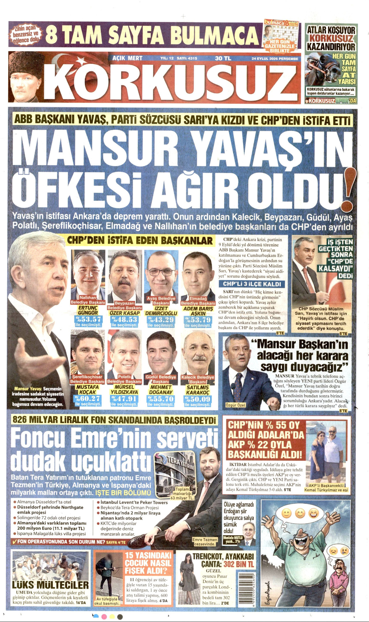 KORKUSUZ gazetesinin 24 Eylül 2026 tarihli birinci sayfası