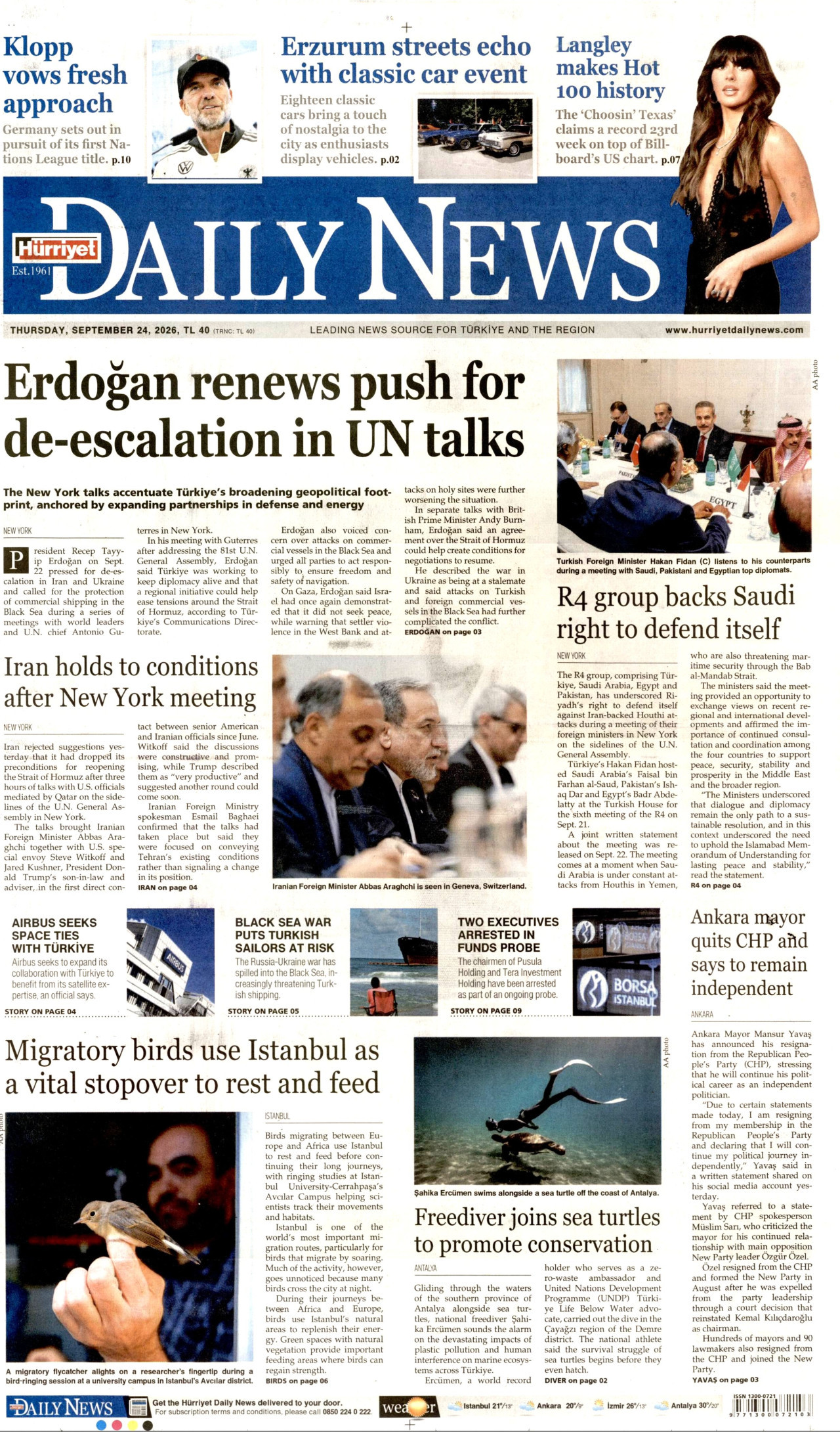 HÜRRİYET DAİLY NEWS gazetesinin 24 Eylül 2026 tarihli birinci sayfası