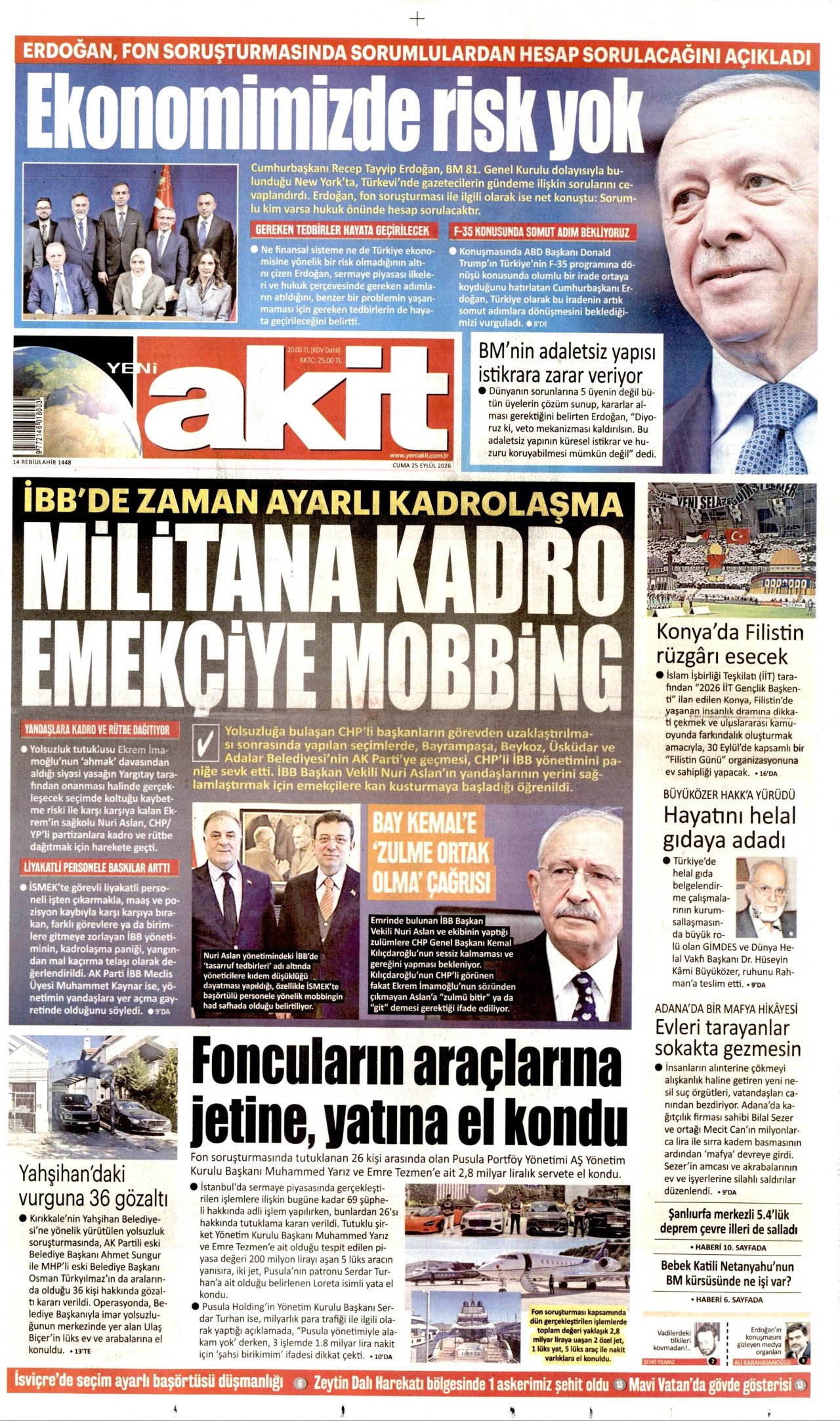 YENİ AKİT gazetesinin 25 Eylül 2026 tarihli birinci sayfası