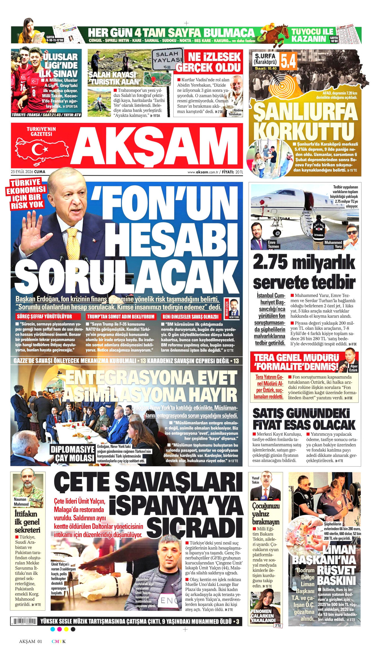 AKŞAM gazetesinin 25 Eylül 2026 tarihli birinci sayfası