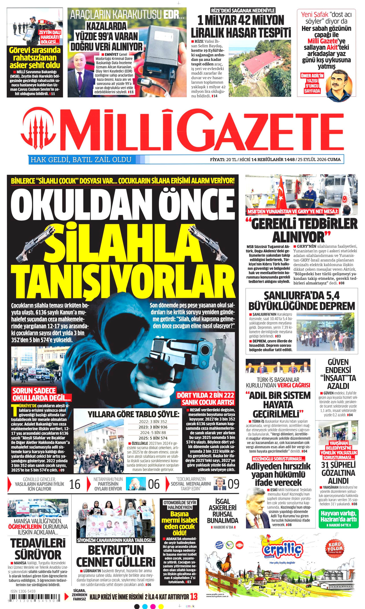 MİLLİ GAZETE gazetesinin 25 Eylül 2026 tarihli birinci sayfası