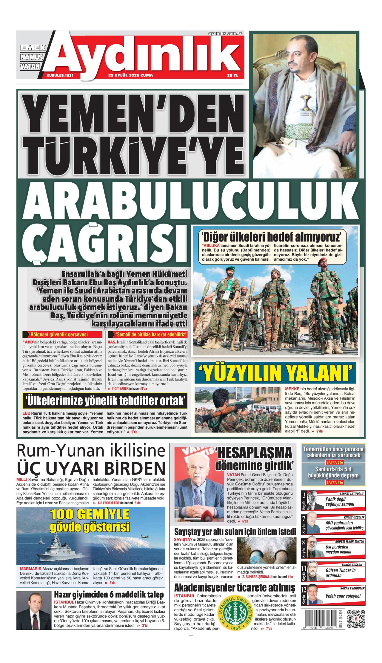 AYDINLIK GAZETESİ gazetesinin 25 Eylül 2026 tarihli birinci sayfası