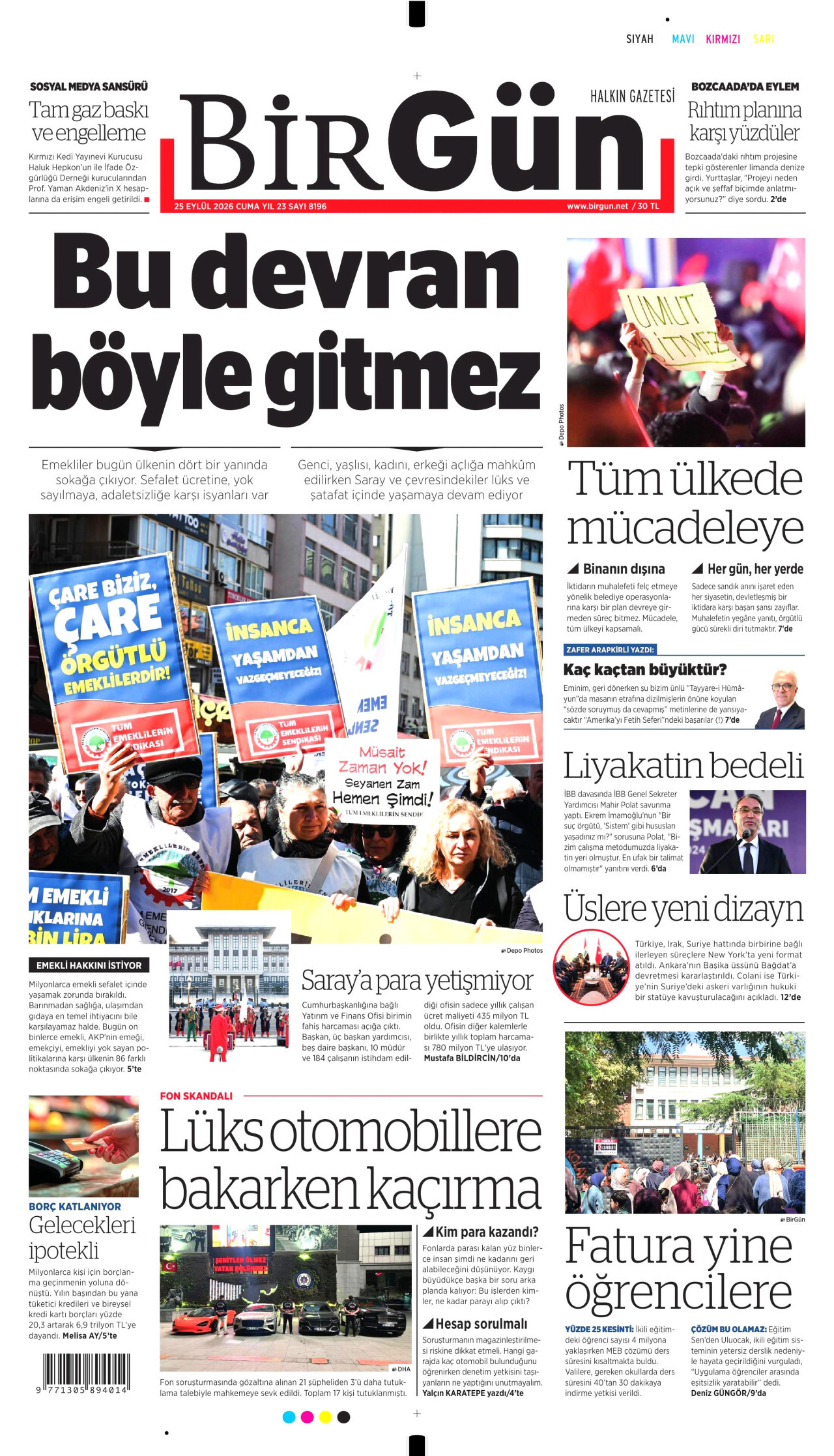 BİRGÜN gazetesinin 25 Eylül 2026 tarihli birinci sayfası