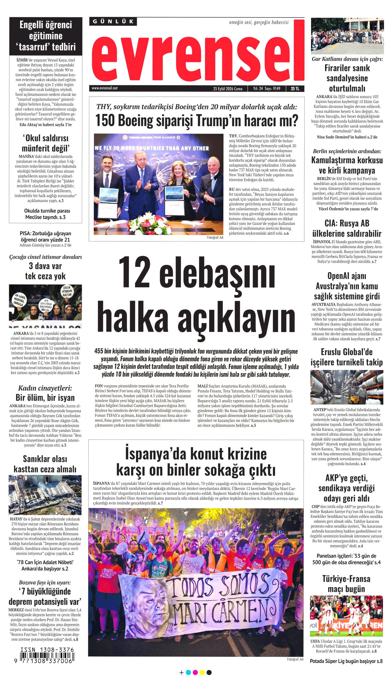 EVRENSEL gazetesinin 25 Eylül 2026 tarihli birinci sayfası