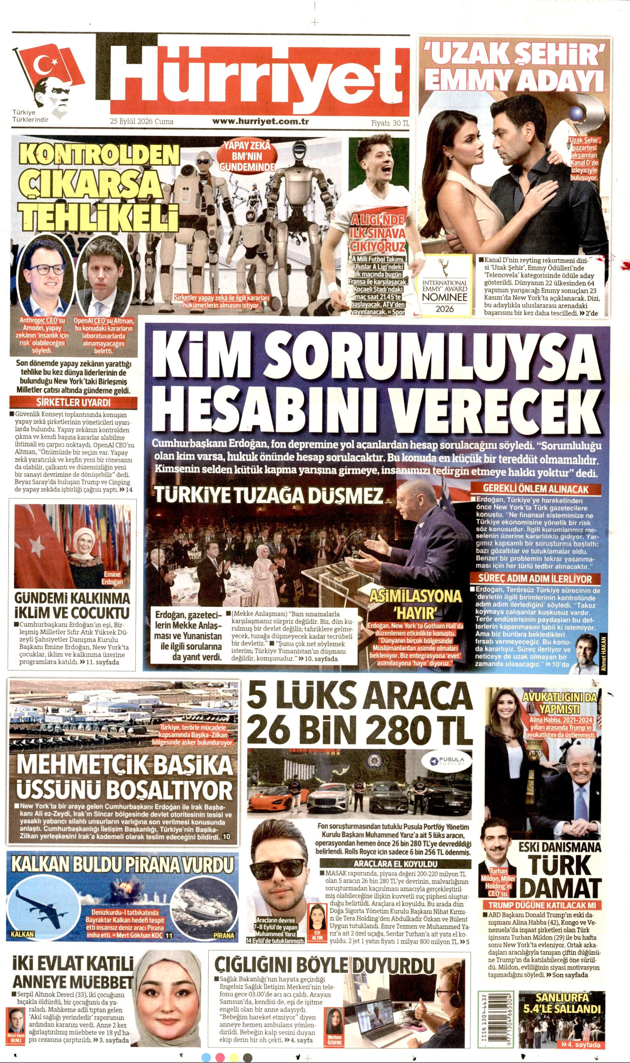 HÜRRİYET gazetesinin 25 Eylül 2026 tarihli birinci sayfası