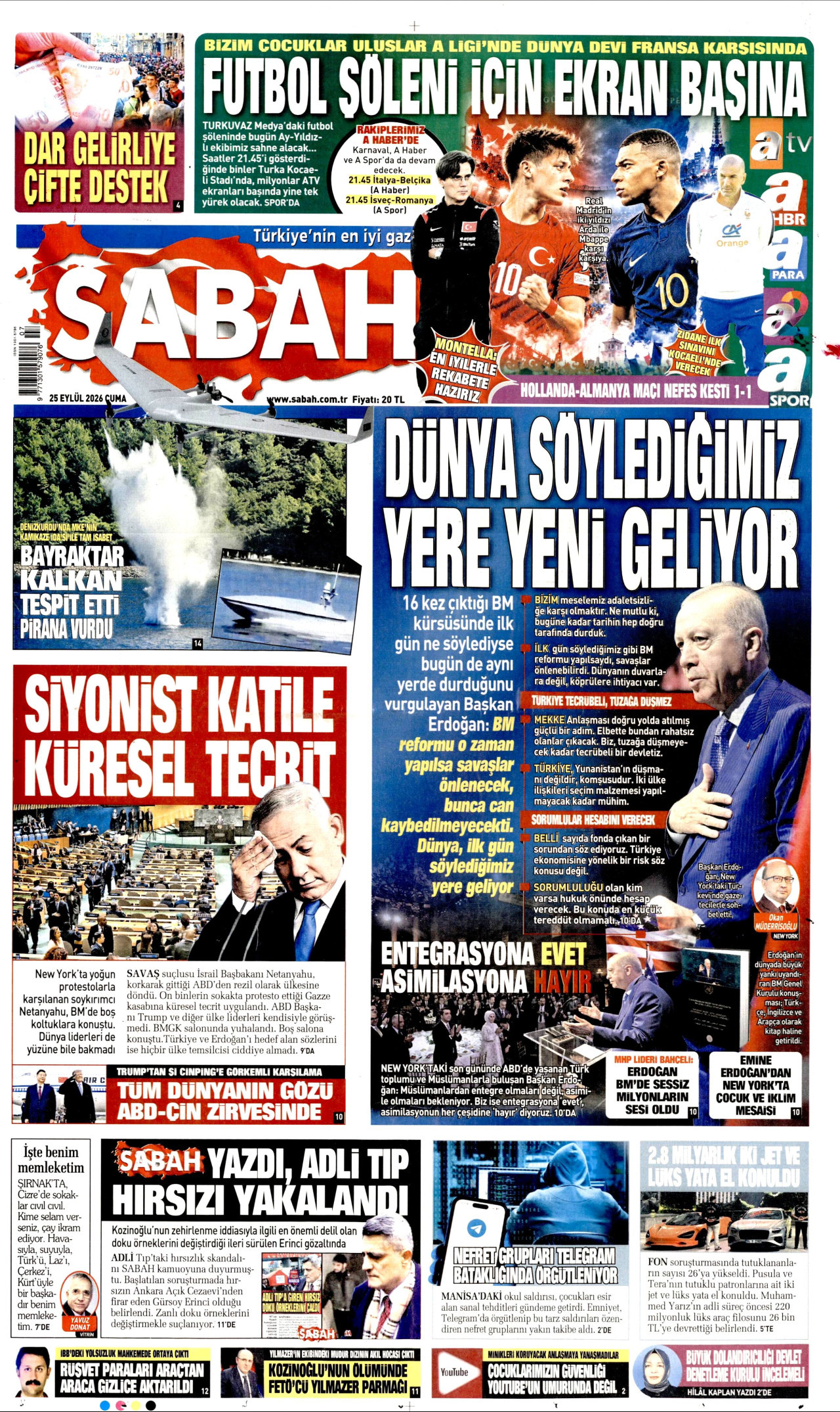 SABAH gazetesinin 25 Eylül 2026 tarihli birinci sayfası