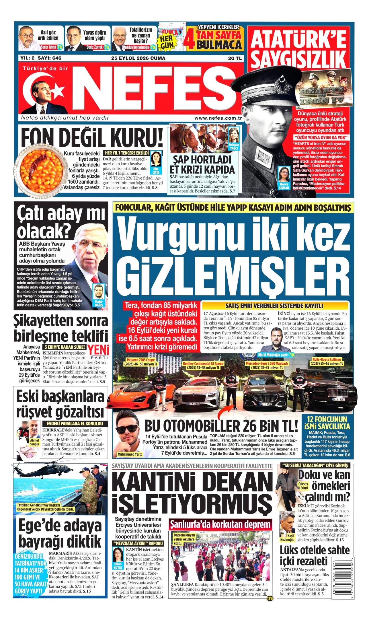 NEFES gazetesinin 25 Eylül 2026 tarihli birinci sayfası