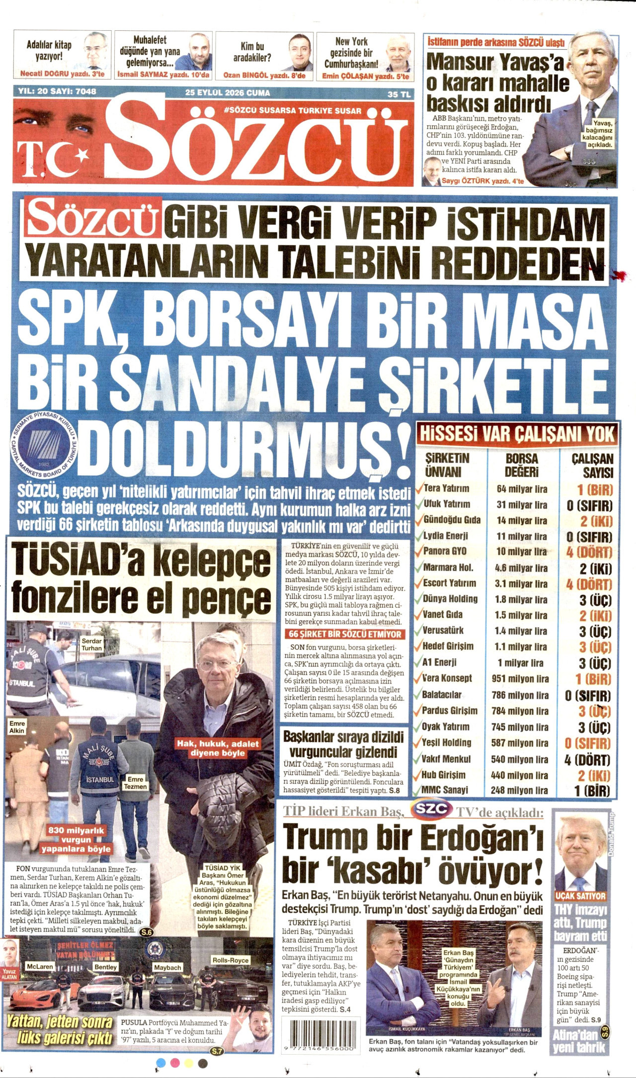 SÖZCÜ gazetesinin 25 Eylül 2026 tarihli birinci sayfası